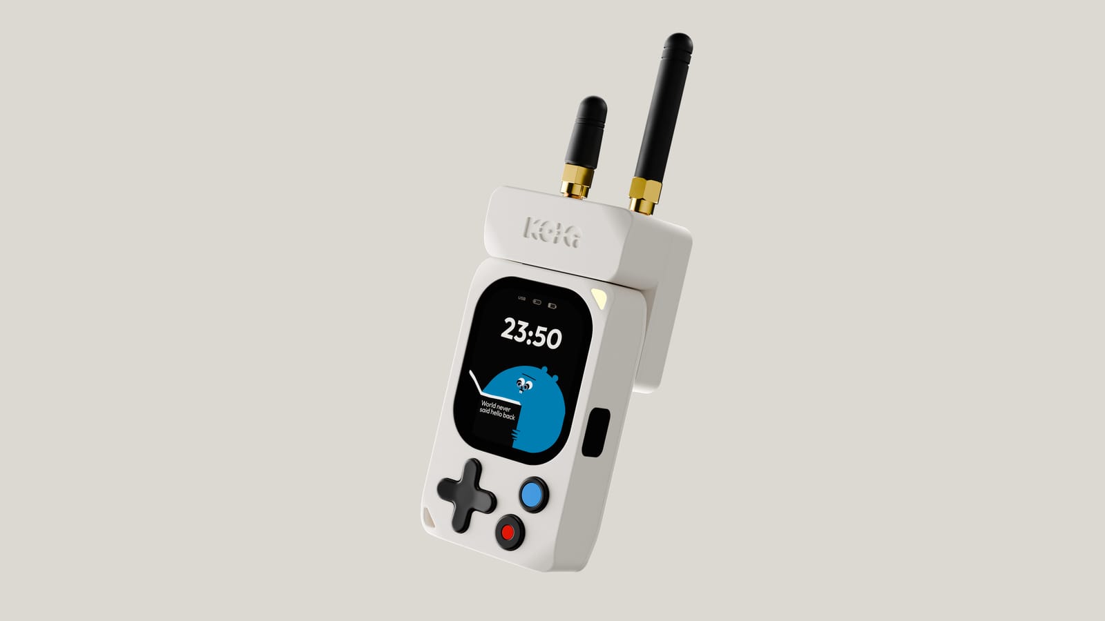 Kode Dot handheld device with screen, controls and antennas.