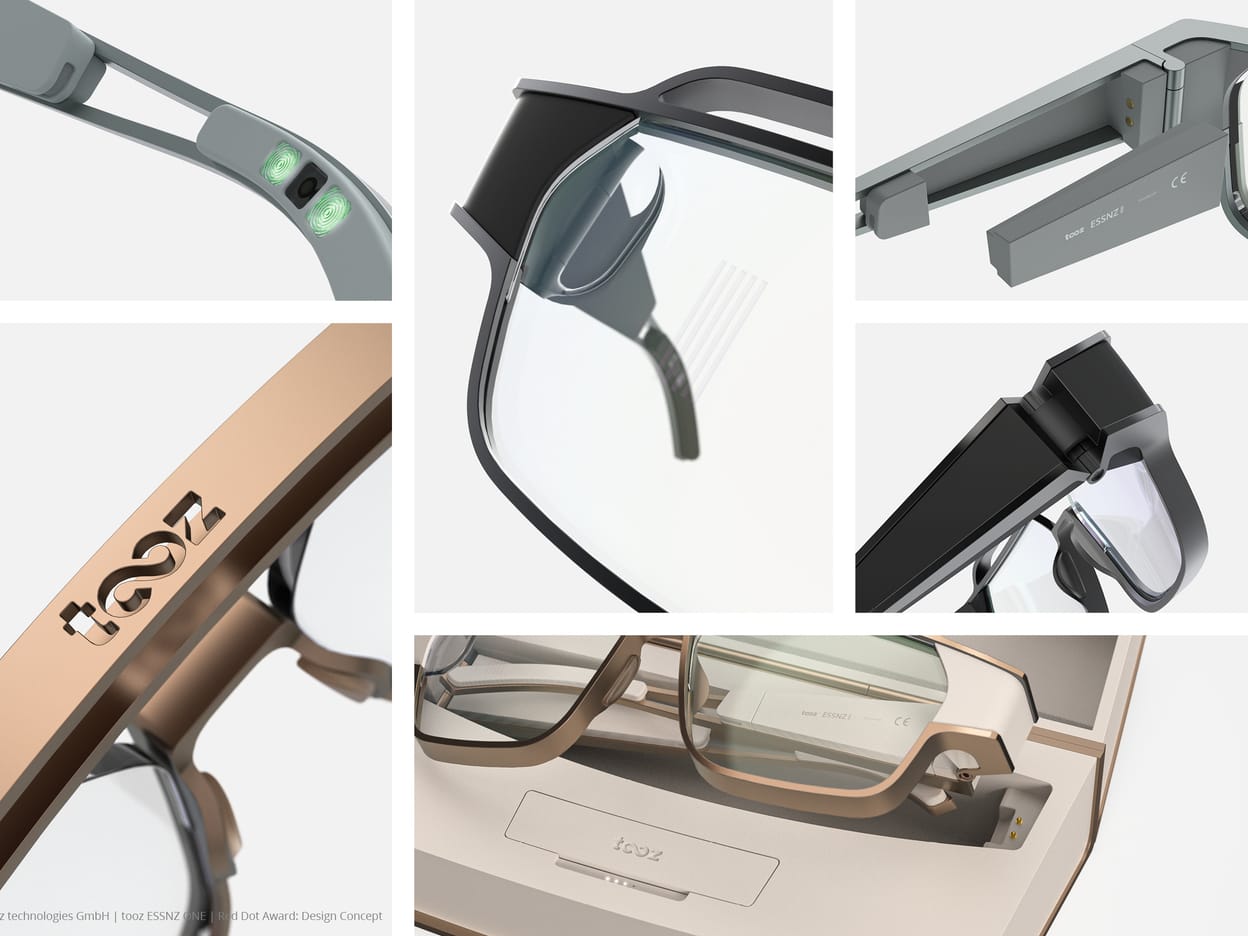 Smart-glasses frame, hinge and internal component details.