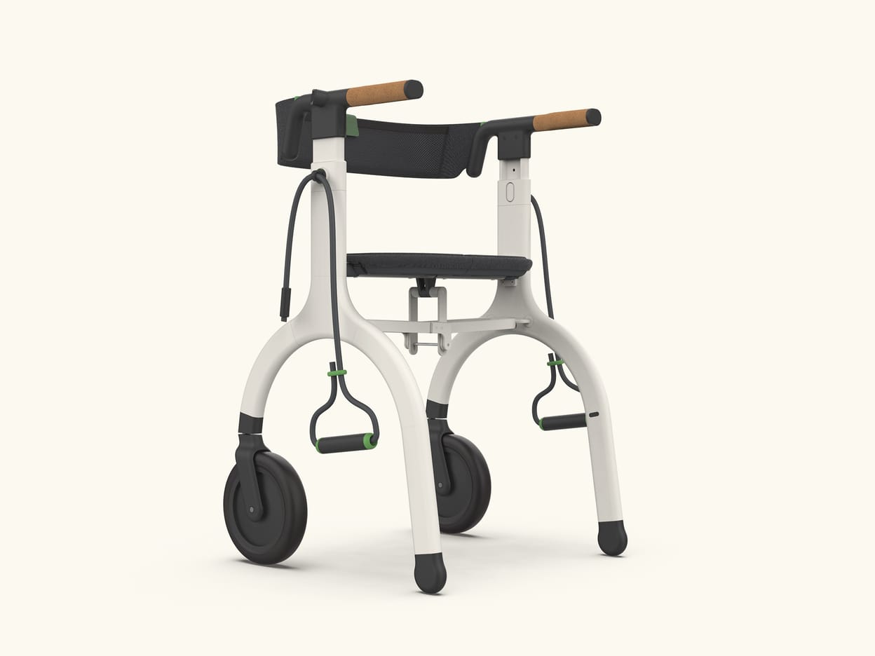 Peppermint rollator with four wheels and a seat.