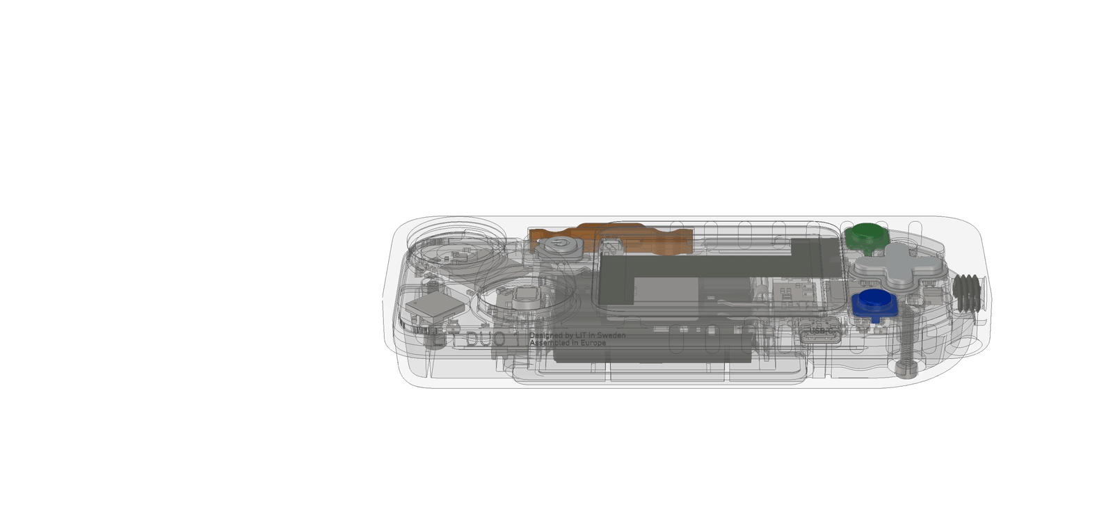 Kode Dot handheld device with screen, controls and a brass antenna connector.